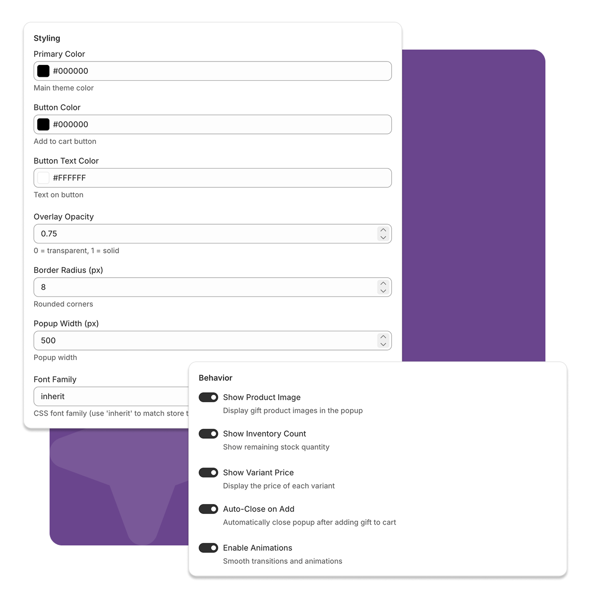 CartSprinkle popup styling and behavior customization options